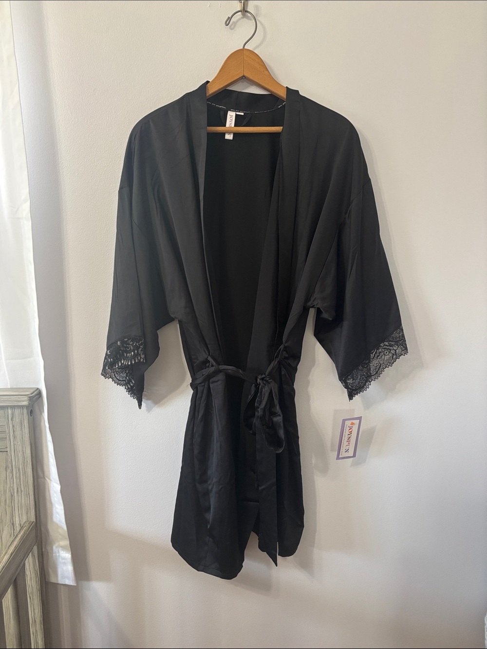 NWT Joyspun Black Satin Lace-Trim Kimono Robe - Women Intimates & Sleepwear